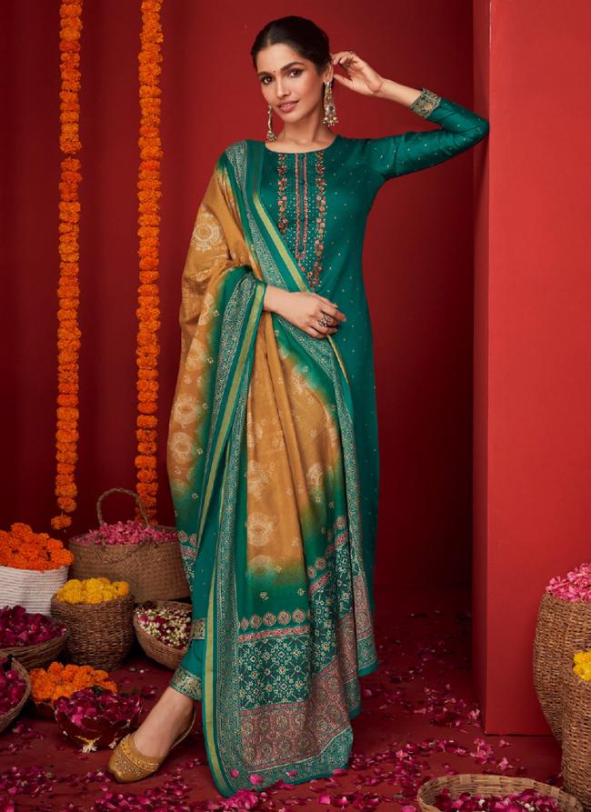 Pure Viscose Satin Teal Festival Wear Embroidery Work Straight Suit